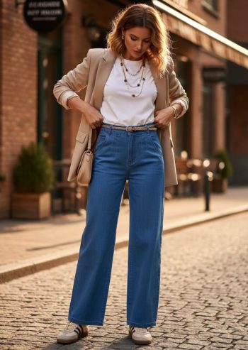 Jean Wide Leg Azul Medio Tiro Alto con Tablones Frontales