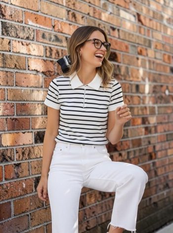 Camiseta Tipo Polo de Rayas Blanco y Negro con Cierre Frontal