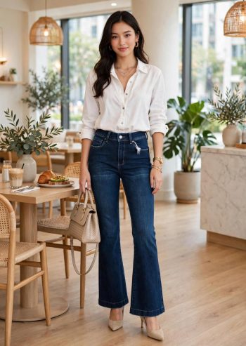 Pantalon Jean Campana -Azul Oscuro - Tiro Alto Efecto Faja