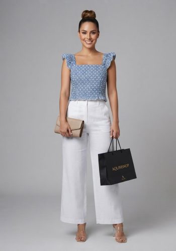 Blusa Top Crop Azul Floral con Lazo Grande en Espalda y Vuelos