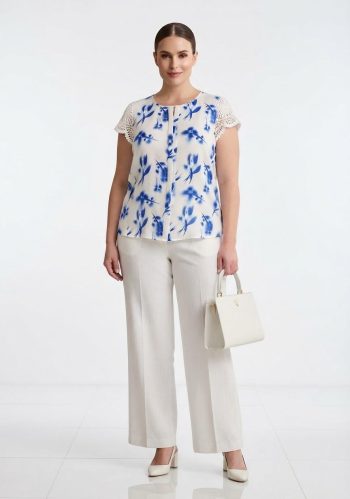 Blusa Floral Blue Manga Crochet
