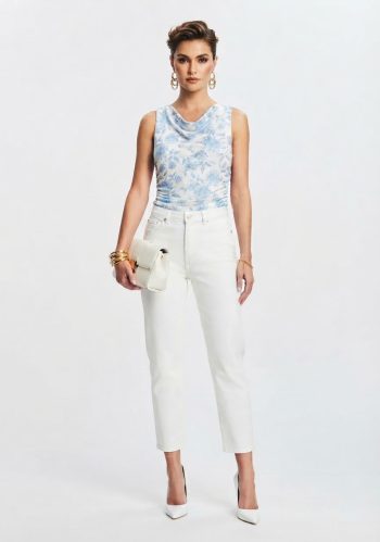 Blusa Floral Celeste Cuello drapeado
